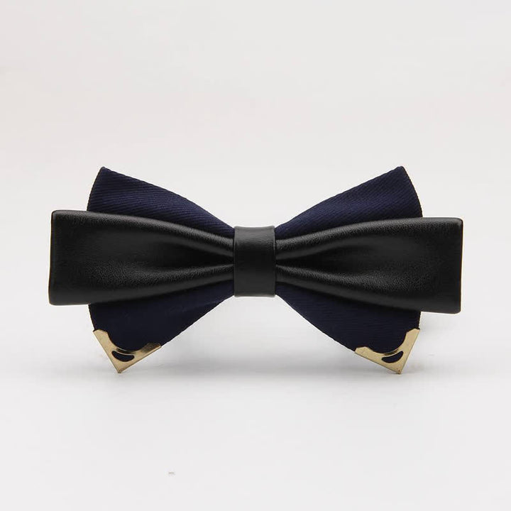 Men's Double Leather Golden Metal Edge Bow Tie - Navy - image 6