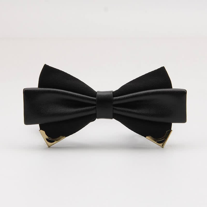 Men's Double Leather Golden Metal Edge Bow Tie - Black - image 5