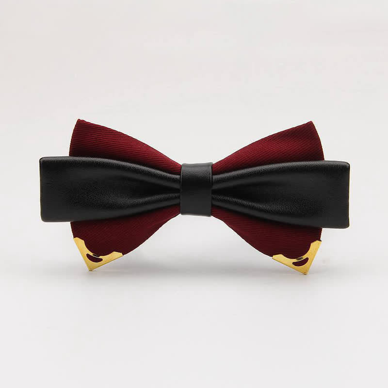 Men's Double Leather Golden Metal Edge Bow Tie - Burgundy - image 9