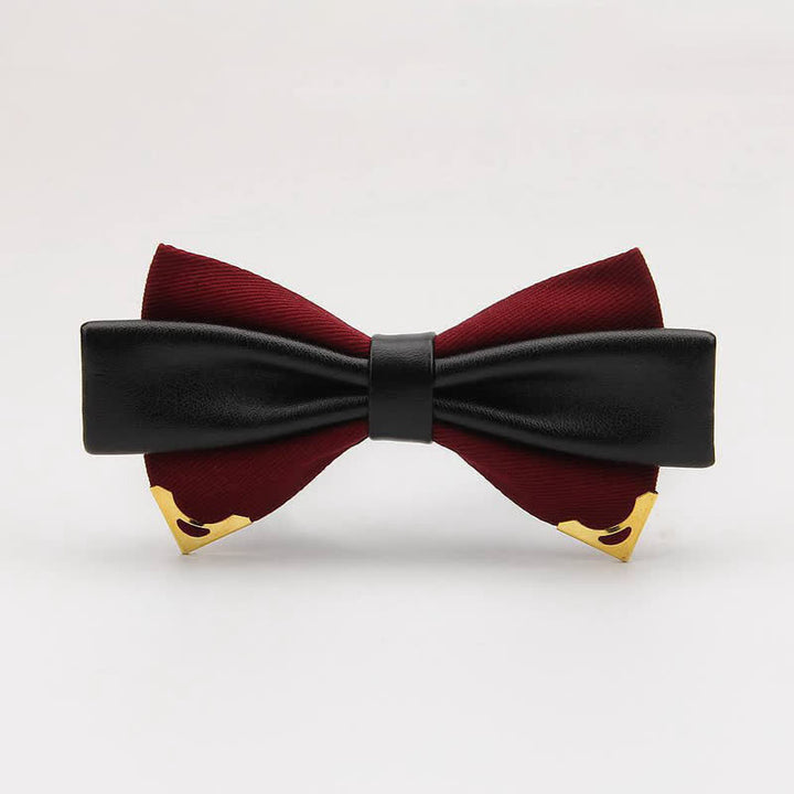 Men's Double Leather Golden Metal Edge Bow Tie - Burgundy - image 9