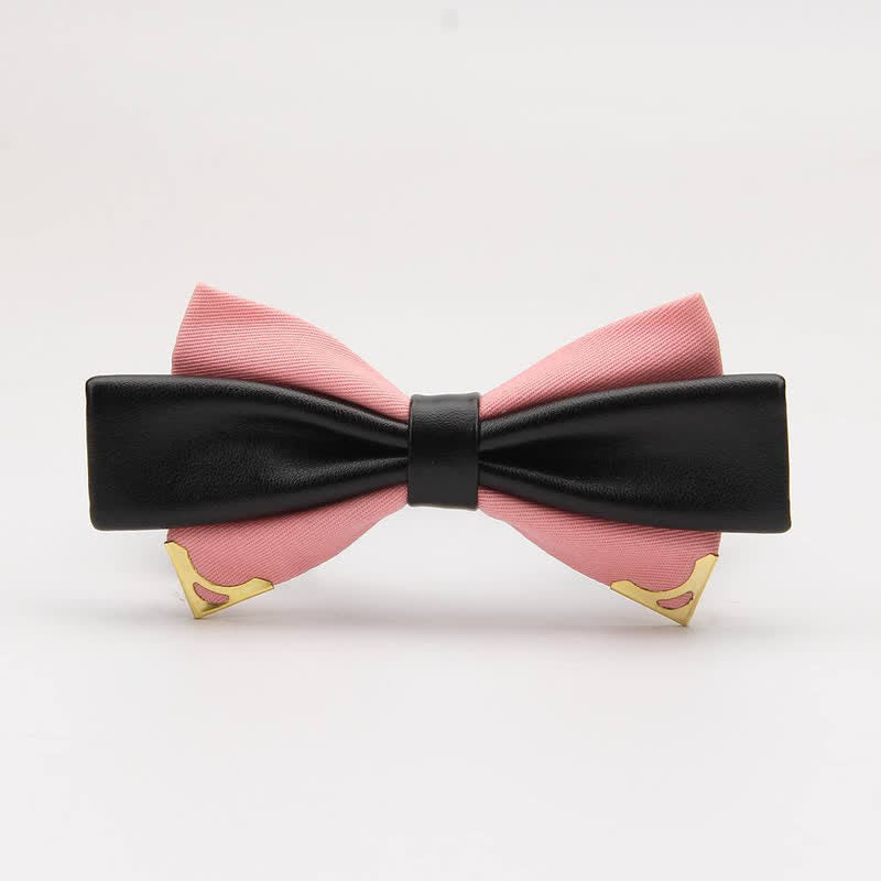 Men's Double Leather Golden Metal Edge Bow Tie - Pink - image 15