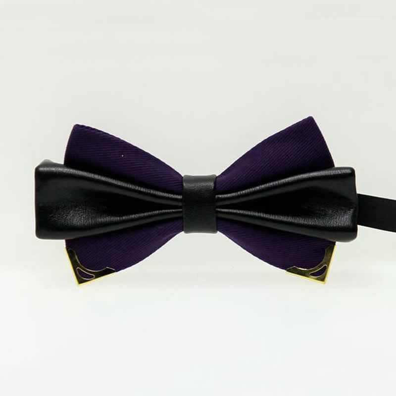 Men's Double Leather Golden Metal Edge Bow Tie - Dark Purple - image 8