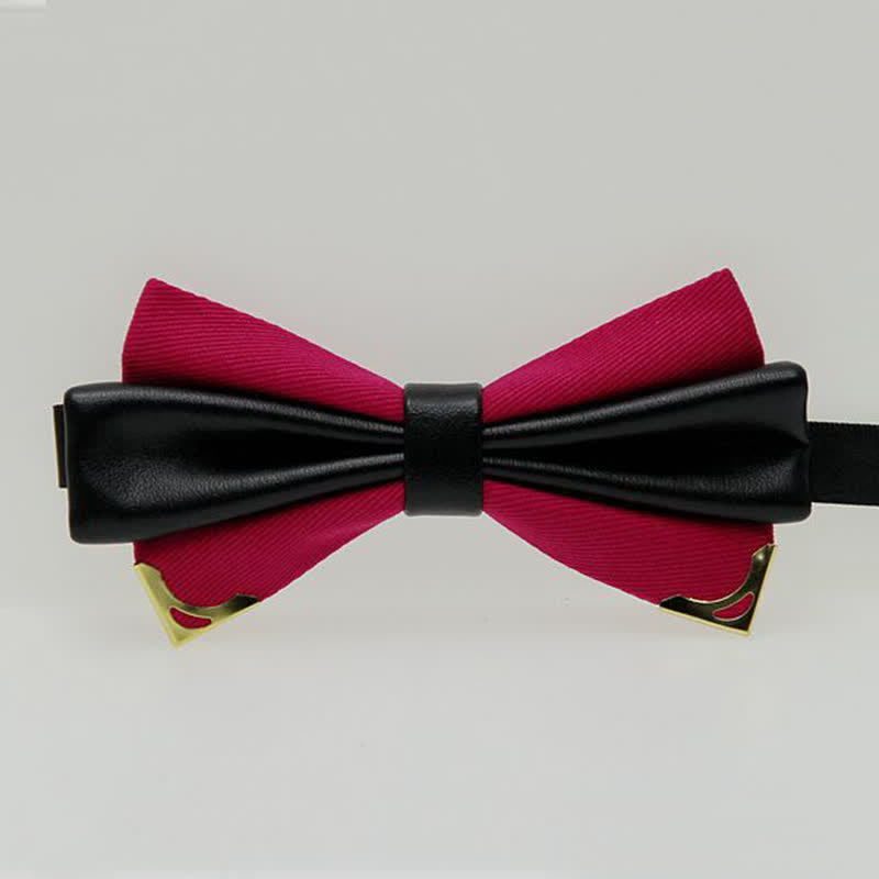 Men's Double Leather Golden Metal Edge Bow Tie - DeepPink - image 11