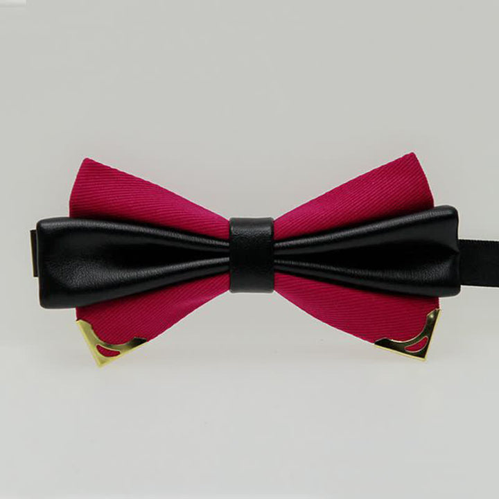 Men's Double Leather Golden Metal Edge Bow Tie - DeepPink - image 11