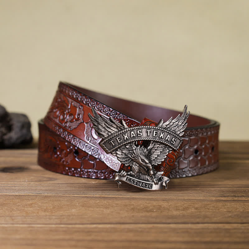 Men's DIY Retro Western Texas Eagle Buckle Leather Belt - Antique Silver - Brown Carved Belt (40) - image 6