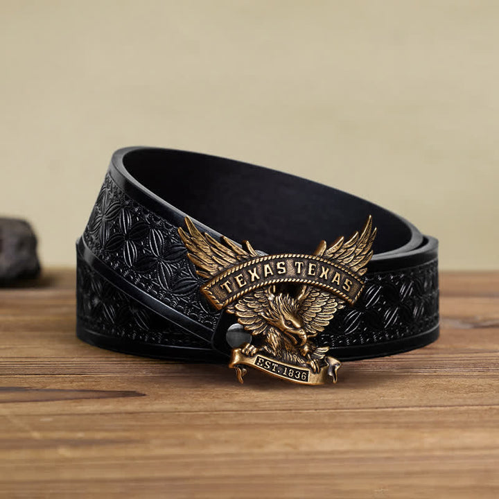 Men's DIY Retro Western Texas Eagle Buckle Leather Belt - Antique Bronze - Black Embossed Weave Belt (40) - image 13