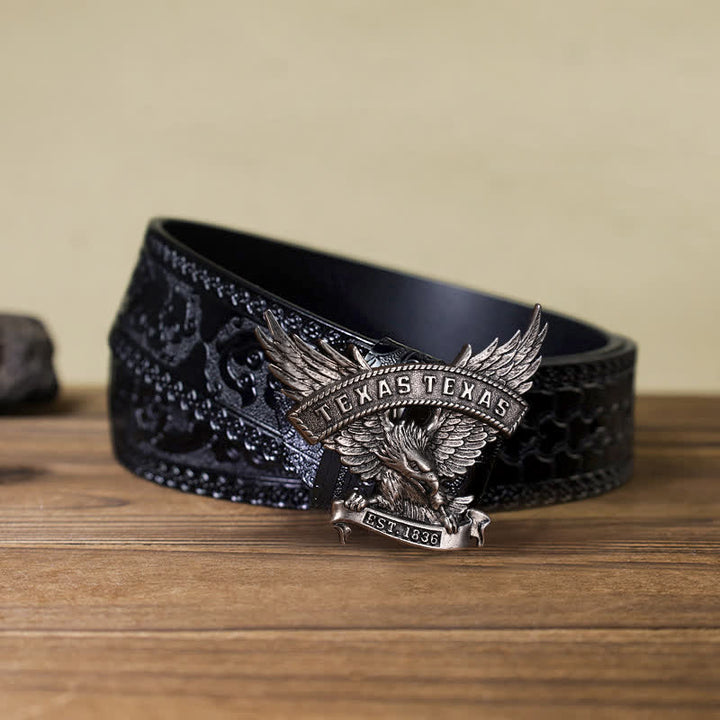 Men's DIY Retro Western Texas Eagle Buckle Leather Belt - Antique Silver - Black Carved Belt (40) - image 5