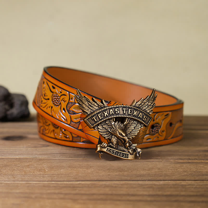 Men's DIY Retro Western Texas Eagle Buckle Leather Belt - Antique Bronze - Orange Carved Belt (40) - image 17