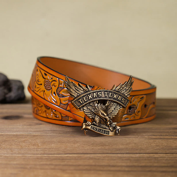 Men's DIY Retro Western Texas Eagle Buckle Leather Belt - Antique Bronze - Orange Carved Belt (40) - image 17