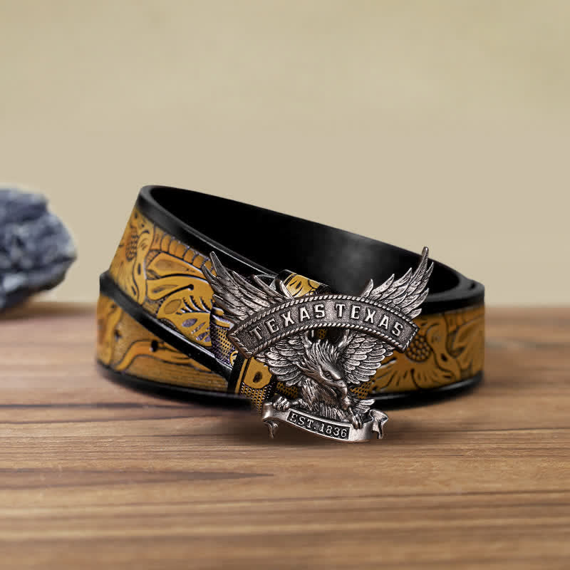 Men's DIY Retro Western Texas Eagle Buckle Leather Belt - Antique Silver - SandyBrown Belt (40) - image 7
