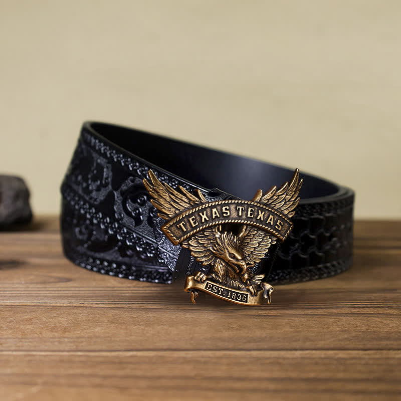 Men's DIY Retro Western Texas Eagle Buckle Leather Belt - Antique Bronze - Black Carved Belt (40) - image 14