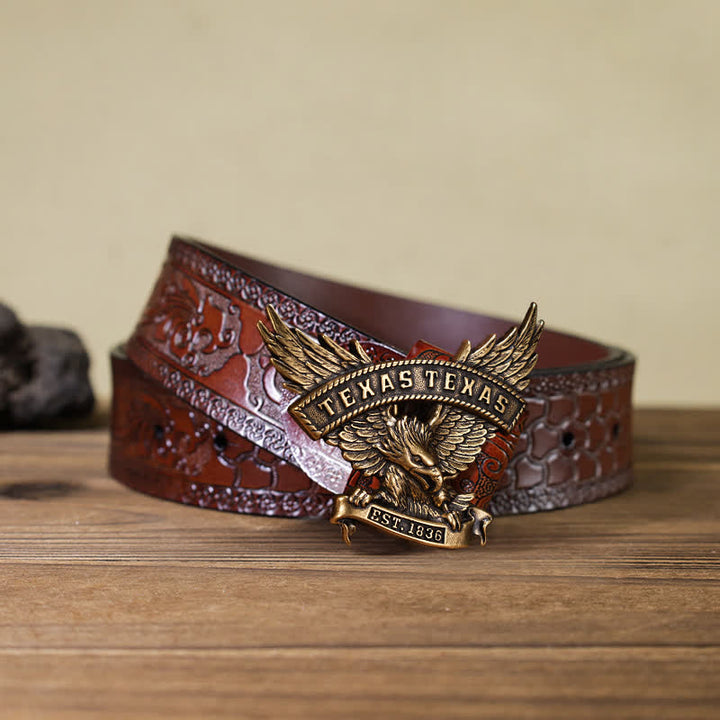 Men's DIY Retro Western Texas Eagle Buckle Leather Belt - Antique Bronze - Brown Carved Belt (40) - image 15