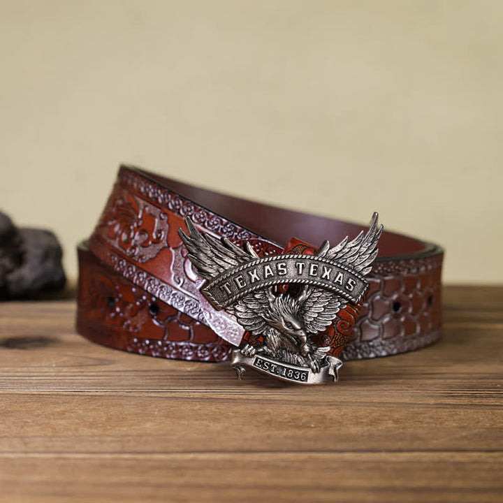 Men's DIY Retro Western Texas Eagle Buckle Leather Belt - Antique Silver - Brown Carved Belt (40) - image 6
