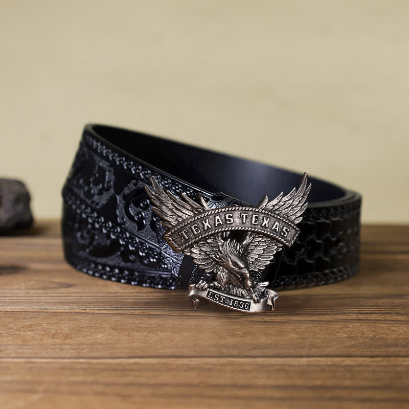 Men's DIY Retro Western Texas Eagle Buckle Leather Belt - Antique Silver - Black Carved Belt (40) - image 5