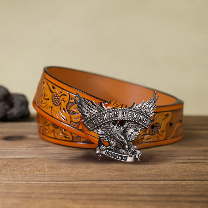 Men's DIY Retro Western Texas Eagle Buckle Leather Belt - Antique Silver - Orange Carved Belt (40) - image 8