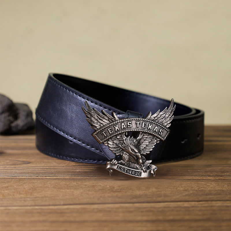 Men's DIY Retro Western Texas Eagle Buckle Leather Belt - Antique Silver - Black PU Belt (40) - image 2