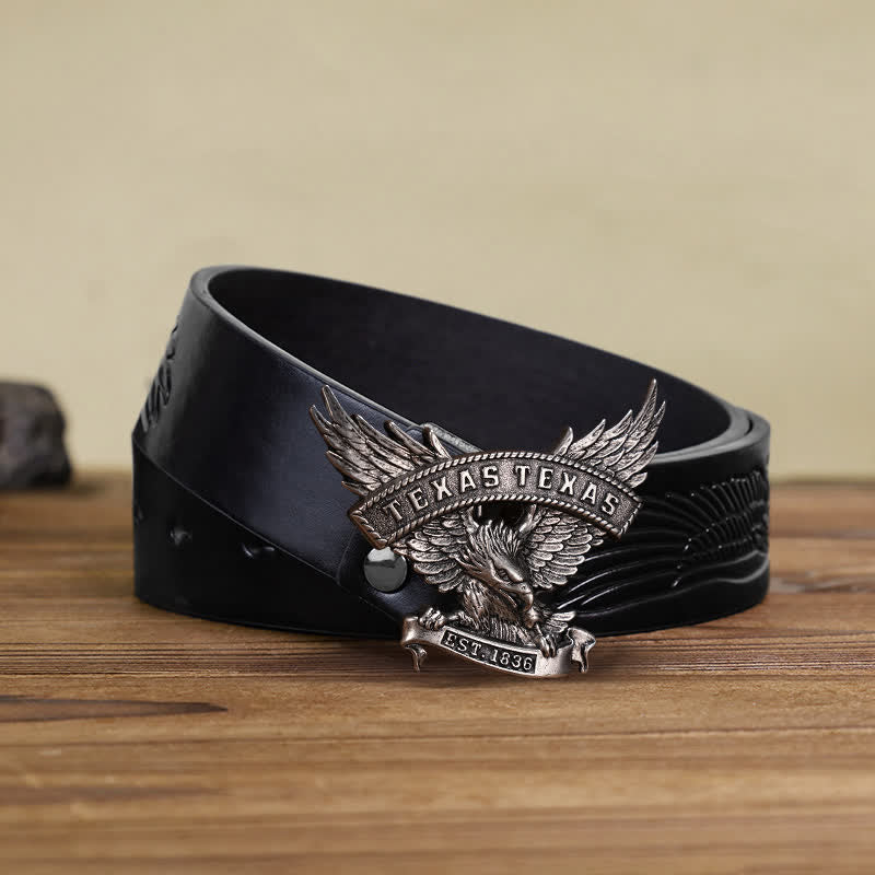 Men's DIY Retro Western Texas Eagle Buckle Leather Belt - Antique Silver - Black Embossed Eagle Belt (40) - image 3
