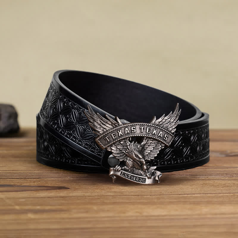 Men's DIY Retro Western Texas Eagle Buckle Leather Belt - Antique Silver - Black Embossed Weave Belt (40) - image 4