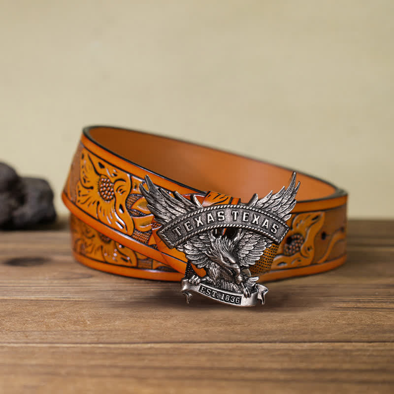 Men's DIY Retro Western Texas Eagle Buckle Leather Belt - Antique Silver - Orange Carved Belt (40) - image 8