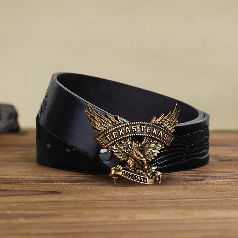 Men's DIY Retro Western Texas Eagle Buckle Leather Belt - Antique Bronze - Black Embossed Eagle Belt (40) - image 12