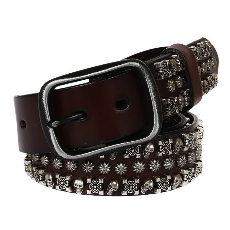 Skulls & Crossbones Three Row Stud Leather Belt - Dark Brown - 44 - image 7