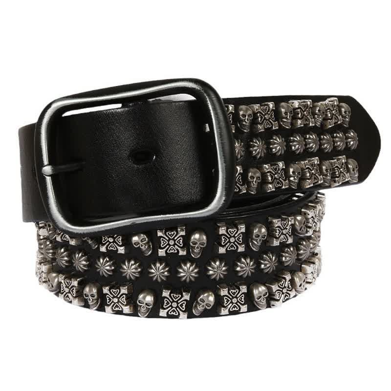 Skulls & Crossbones Three Row Stud Leather Belt - Black - 44 - image 0