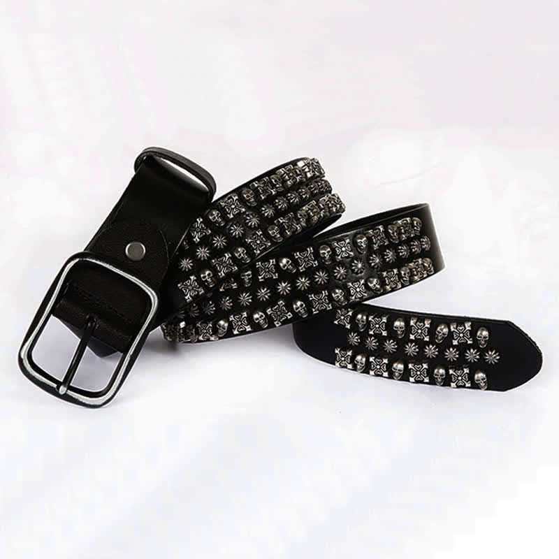 Skulls & Crossbones Three Row Stud Leather Belt - image 1