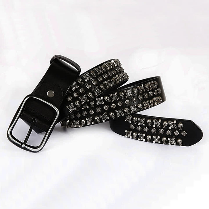 Skulls & Crossbones Three Row Stud Leather Belt - image 1