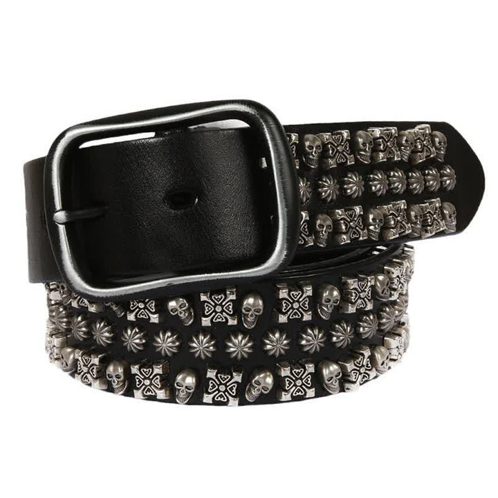 Skulls & Crossbones Three Row Stud Leather Belt - Black - 44 - image 0