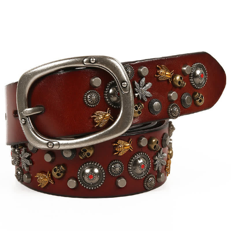 Gothic Skull Bee Maple Rivets Leather Belt - Brown - 44 - image 9