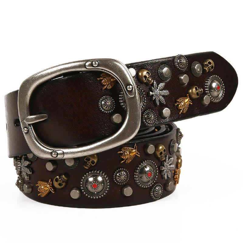 Gothic Skull Bee Maple Rivets Leather Belt - Dark Brown - 44 - image 12