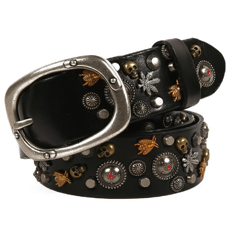 Gothic Skull Bee Maple Rivets Leather Belt - Black - 44 - image 0