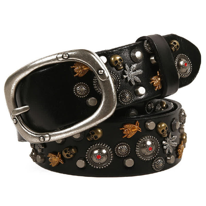 Gothic Skull Bee Maple Rivets Leather Belt - Black - 44 - image 0
