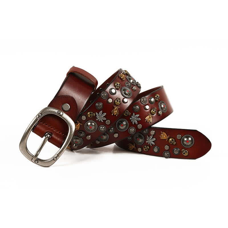 Gothic Skull Bee Maple Rivets Leather Belt - image 10