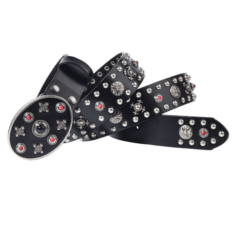 Resin Gemstone Engraved Floral Rivets Leather Belt - Black - 44 - image 0