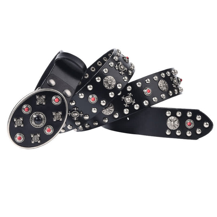 Resin Gemstone Engraved Floral Rivets Leather Belt - Black - 44 - image 0