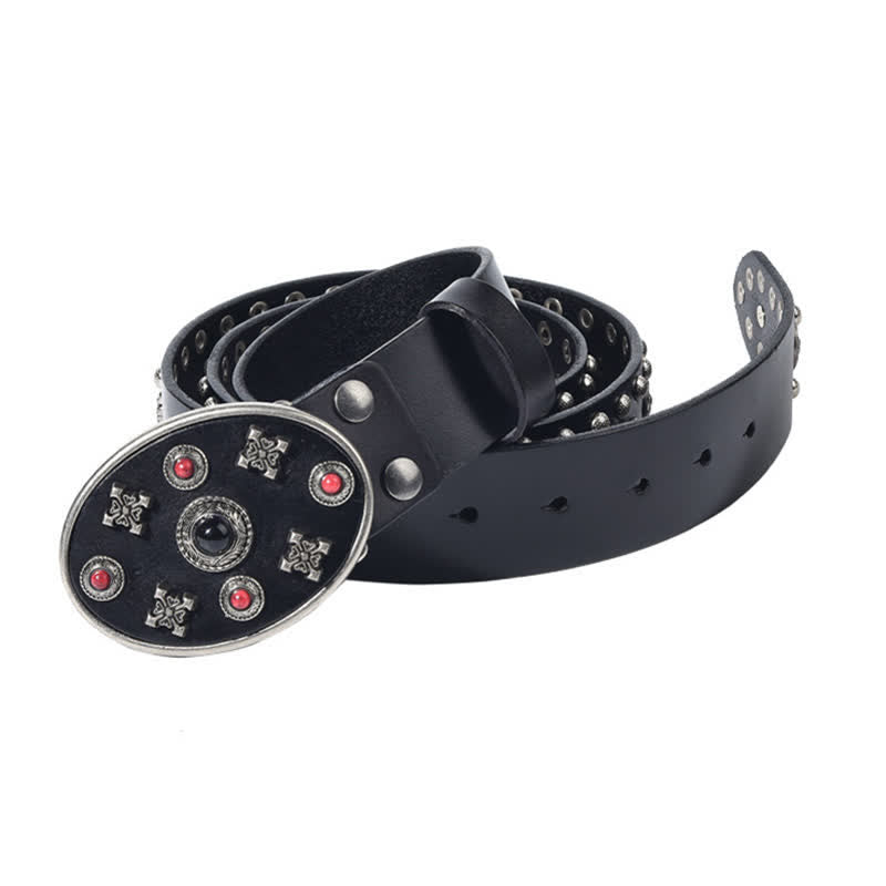 Resin Gemstone Engraved Floral Rivets Leather Belt - image 3