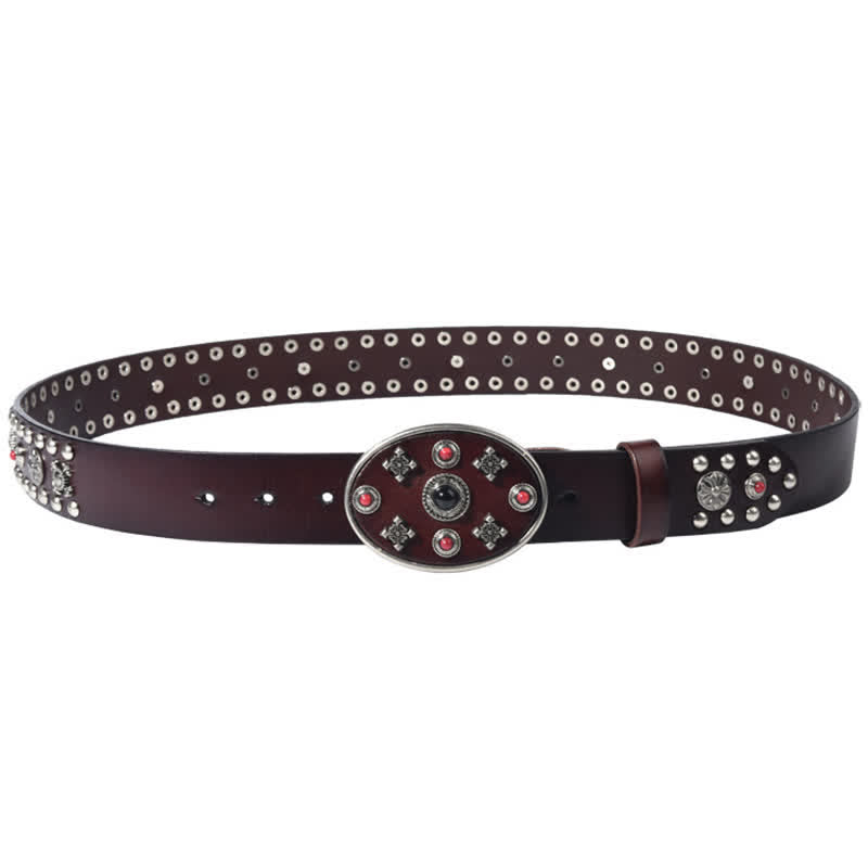 Resin Gemstone Engraved Floral Rivets Leather Belt - image 7
