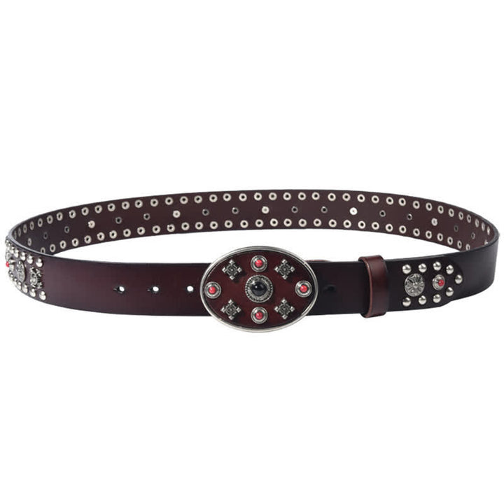 Resin Gemstone Engraved Floral Rivets Leather Belt - image 7