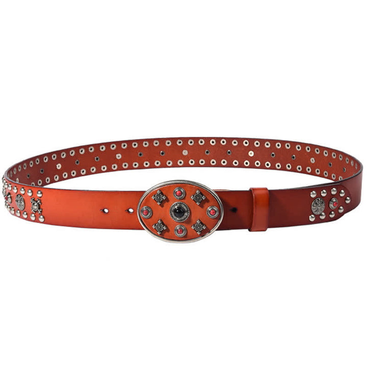 Resin Gemstone Engraved Floral Rivets Leather Belt - image 9