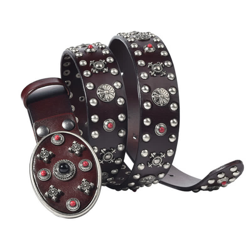 Resin Gemstone Engraved Floral Rivets Leather Belt - image 6