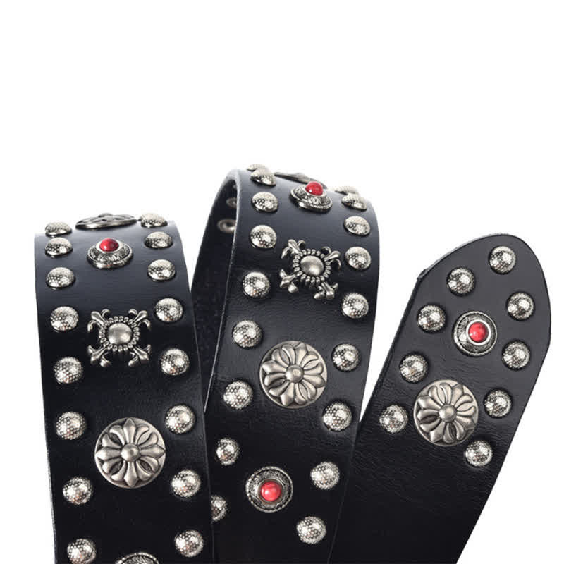 Resin Gemstone Engraved Floral Rivets Leather Belt - image 4