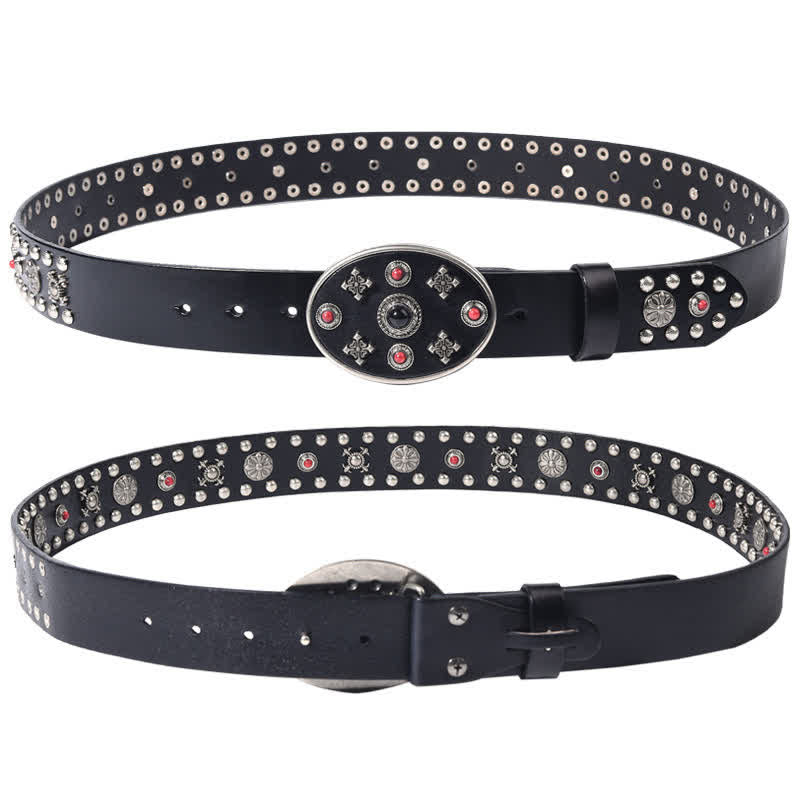 Resin Gemstone Engraved Floral Rivets Leather Belt - image 2