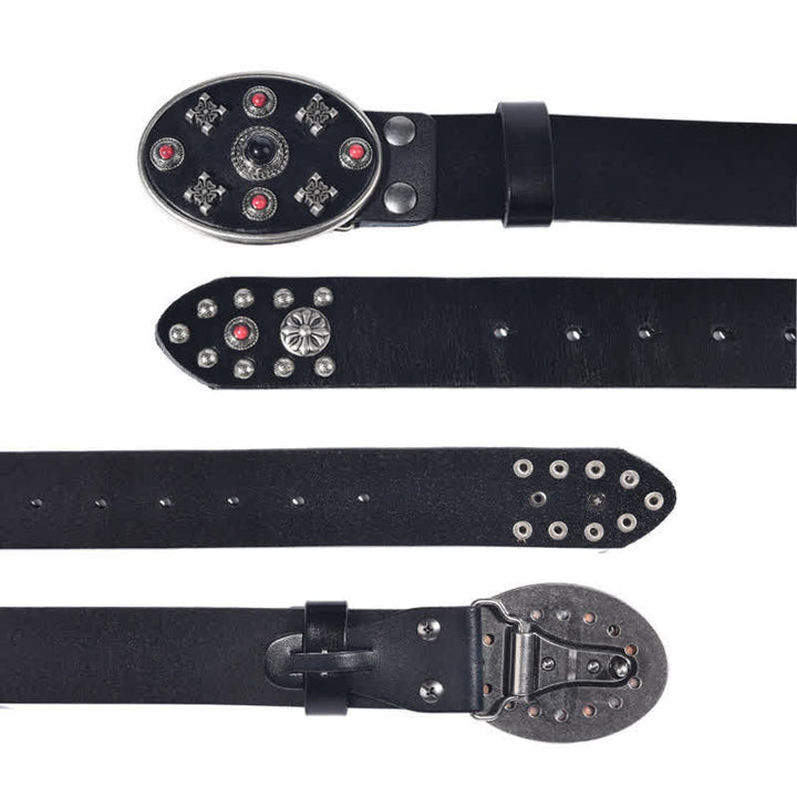 Resin Gemstone Engraved Floral Rivets Leather Belt - image 1