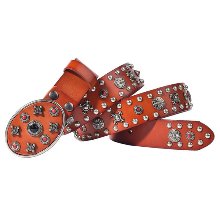 Resin Gemstone Engraved Floral Rivets Leather Belt - Orange - 44 - image 8
