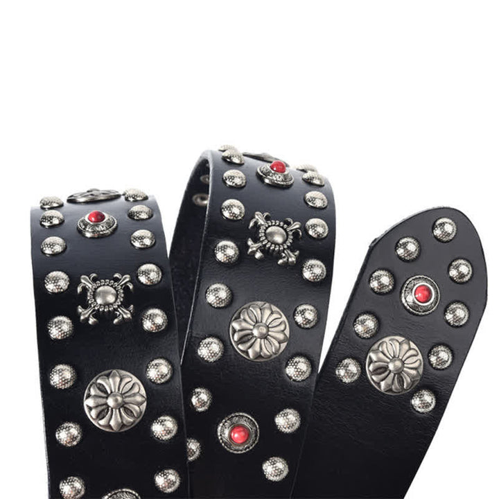 Resin Gemstone Engraved Floral Rivets Leather Belt - image 4