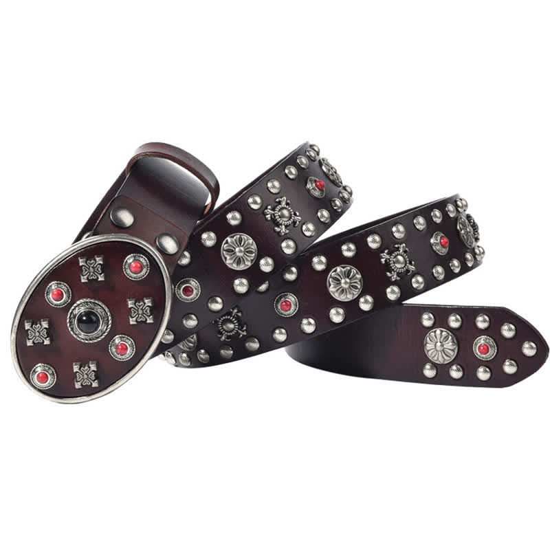 Resin Gemstone Engraved Floral Rivets Leather Belt - Dark Brown - 44 - image 5