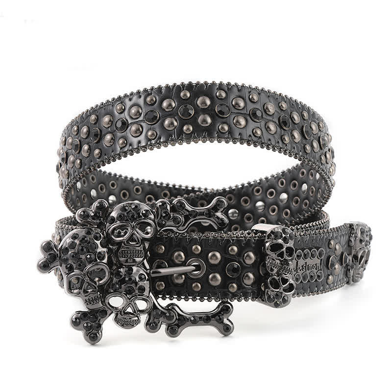 Bling Studded Mini Skull Rhinestone Rivets Leather Belt - Black - 42 - image 2