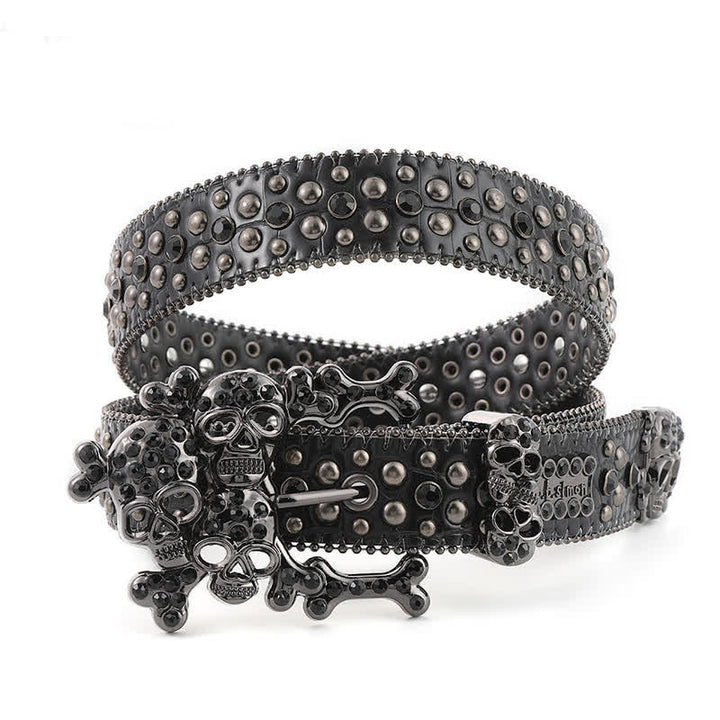Bling Studded Mini Skull Rhinestone Rivets Leather Belt - Black - 42 - image 2