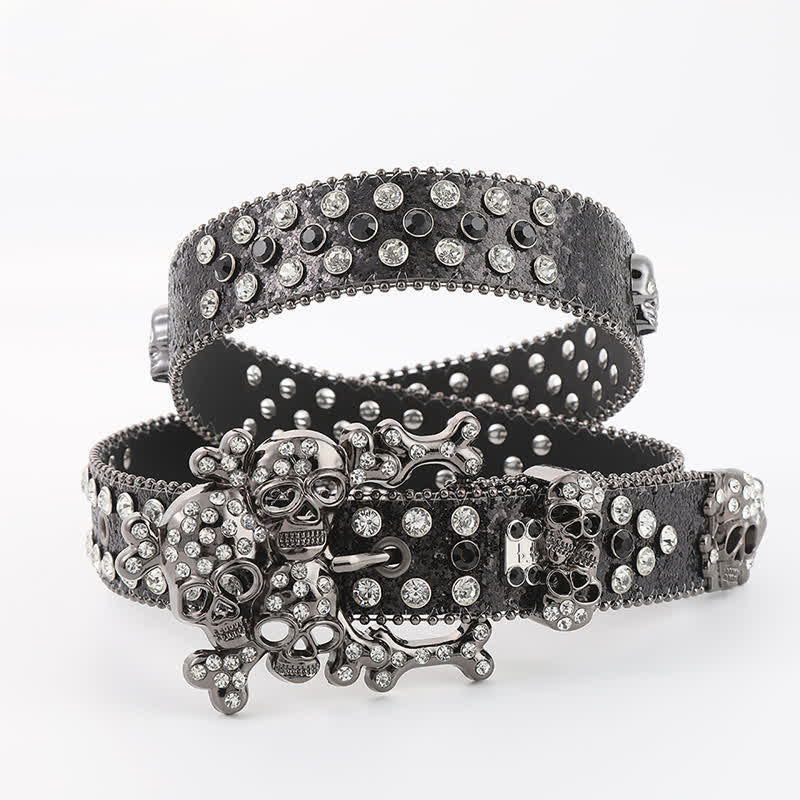 Bling Studded Mini Skull Rhinestone Rivets Leather Belt - Black & White - 42 - image 7